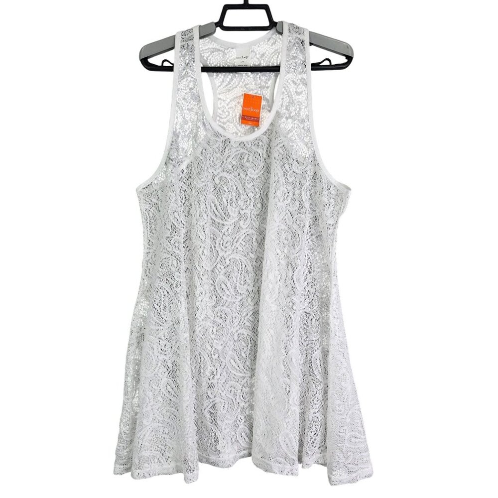 Womens White West Loop Crochet Cover Up Lace Tank Top Sleeveless Round Neck L